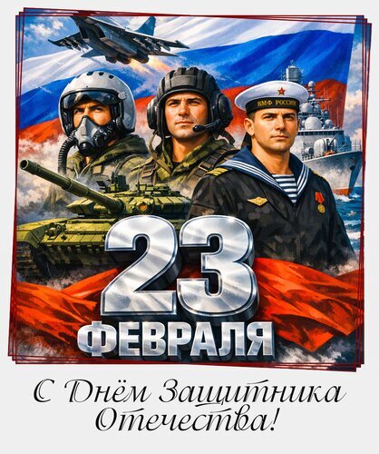 Поздравление с 23 февраля — Днем защитника Отечества. На картинке летчик, моряк, танк, истребитель и российский флаг. Патриотическая открытка к празднику. Открытка С 23 февраля! С днем защитника Отечества! Патриотическая поздравительная открытка к 23 февраля — Дню защитника Отечества. На иллюстрации в художественном стиле изображены представители различных видов вооруженных сил: летчик в шлеме и маске, военный пилот в наушниках и моряк в тельняшке на фоне военного корабля. Композицию дополняют силуэты истребителя, танка и развевающийся российский триколор. В центре расположена крупная надпись «23 ФЕВРАЛЯ» и поздравительный текст «С Днем Защитника Отечества!»