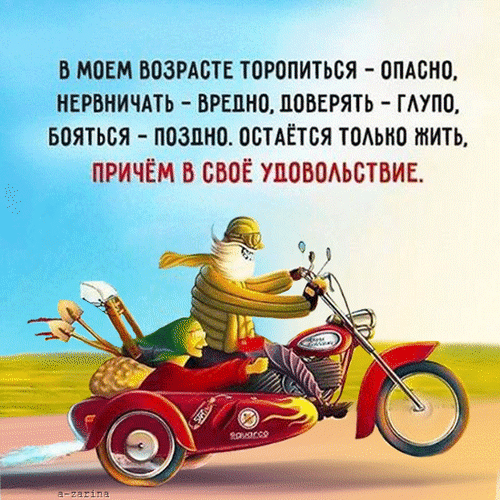 Философская картинка-цитата о радости жизни в зрелом возрасте: В моем возрасте торопиться — опасно... Остается только жить в свое удовольствие. Иллюстрация с пожилой парой на мотоцикле. Анимированная открытка Жить в свое удовольствие Ироничная и философская картинка-цитата на тему жизненной мудрости и гедонизма. На изображении запечатлен пожилой персонаж в желтом свитере, уверенно едущий на красном мотоцикле с коляской. В коляске сидит спутница, а сзади привязаны принадлежности для отдыха (вероятно, для пикника или рыбалки). Текст на русском языке гласит: 