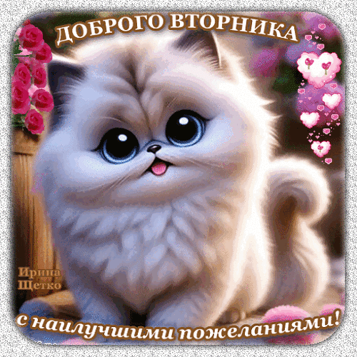 Милая открытка с белым котенком: «Доброго вторника с наилучшими пожеланиями!». Красивое поздравление с розовыми цветами и сердечками для мессенджеров. Анимированная открытка Доброго вторника! Милая и очаровательная открытка с пушистым белым котенком для поздравления с добрым вторником. Изображение выполнено в нежных пастельных тонах с акцентами розовых роз и сердечек, создавая атмосферу уюта, тепла и радости. На картинке расположены поздравительные надписи на русском языке: «ДОБРОГО ВТОРНИКА» и «с наилучшими пожеланиями!»