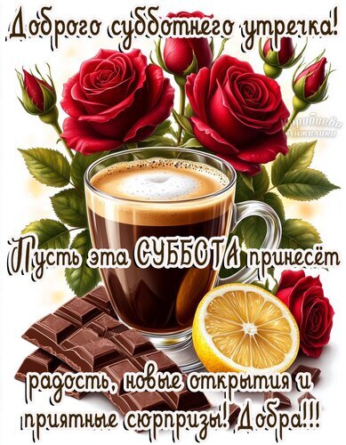 Красивая открытка на доброе утро субботы: чашка кофе, красные розы, шоколад и лимон. Пожелание радости, новых открытий и приятных сюрпризов в субботу. Открытка Суббота Красивая поздравительная открытка к субботе. На изображении за чашкой ароматного кофе с пенкой, крупными красными розами, долькой лимона и кусочками темного шоколада, наложен текст на русском языке: Доброго субботнего утречка! Пусть эта СУББОТА принесет радость, новые открытия и приятные сюрпризы! Добра!!!