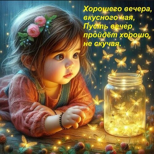 Милая девочка и светящиеся бабочки. Картинка с пожеланием хорошего вечера и вкусного чая для душевного настроения и открыток. Открытка Хорошего вечера, вкусного чая, Пусть вечер пройдет хорошо, не скучая. Милое и волшебное изображение маленькой девочки с цветами в волосах, которая смотрит на светящуюся банку с золотистыми бабочками. На картинке размещен праздничный текст на русском языке: 