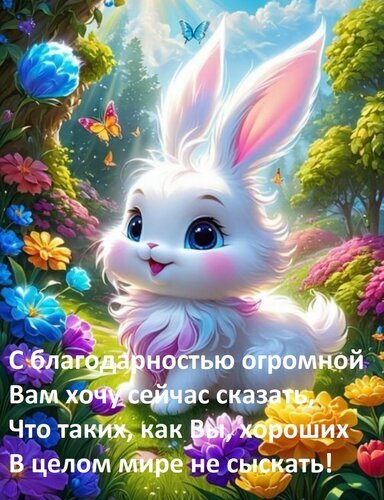 Трогательная открытка с белым кроликом и словами благодарности. Красочная иллюстрация для выражения признательности и теплых чувств близким людям. Открытка С благодарностью огромной Вам хочу сейчас сказать, что таких, как Вы, хороших в целом мире не сыскат Милая и трогательная открытка с изображением пушистого белого кролика в сказочном цветущем саду. Иллюстрация выполнена в ярких, насыщенных цветах с использованием эффектов волшебного свечения и мягкого солнечного света. На картинке присутствуют бабочки и разноцветные цветы, создающие атмосферу радости и тепла. В нижней части размещен душевный текст на русском языке: С благодарностью огромной Вам хочу сейчас сказать, что таких, как Вы, хороших в целом мире не сыскать! Трогательная открытка с белым кроликом и словами благодарности. Красочная иллюстрация для выражения признательности и теплых чувств близким людям. Открытка С благодарностью огромной Вам хочу сейчас сказать, что таких, как Вы, хороших в целом мире не сыскат Милая и трогательная открытка с изображением пушистого белого кролика в сказочном цветущем саду. Иллюстрация выполнена в ярких, насыщенных цветах с использованием эффектов волшебного свечения и мягкого солнечного света. На картинке присутствуют бабочки и разноцветные цветы, создающие атмосферу радости и тепла. В нижней части размещен душевный текст на русском языке: С благодарностью огромной Вам хочу сейчас сказать, что таких, как Вы, хороших в целом мире не сыскать!