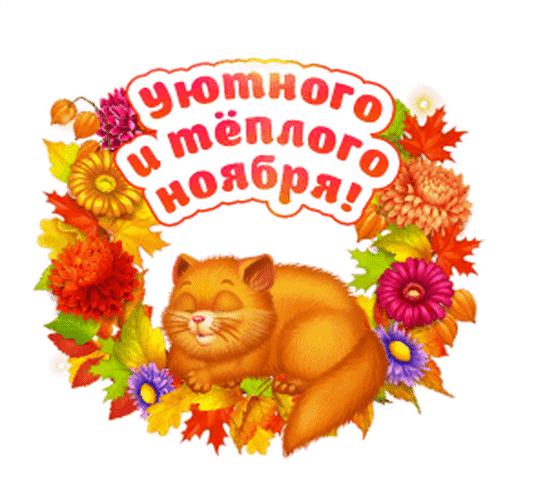 Уютная осенняя открытка с рыжим спящим котом и цветами. Надпись: «Уютного и теплого ноября!». Идеально для поздравлений в соцсетях и мессенджерах. Анимированная открытка Уютного и теплого ноября! Яркая и уютная поздравительная открытка к ноябрю. В центре композиции изображен милый рыжий спящий кот, окруженный пышным осенним венком из ярких цветов (георгины, астры) и разноцветных кленовых листьев. В верхней части расположена праздничная надпись красным шрифтом с белым контуром: «Уютного и теплого ноября!». Изображение выполнено в теплых осенних тонах, создавая атмосферу домашнего тепла, комфорта и спокойствия
