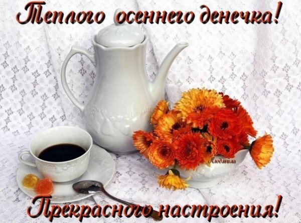 Уютная осенняя открытка с белым чайником, чашкой чая и оранжевыми хризантемами. Пожелание теплого осеннего денечка и прекрасного настроения. Открытка Теплого осеннего денечка! Прекрасного настроения! Уютная осенняя композиция на белой кружевной скатерти, создающая атмосферу тепла и спокойствия. На изображении представлен белый керамический чайник, чашка крепкого черного чая на блюдце и яркий букет оранжевых хризантем. Рядом с чашкой лежит небольшое лакомство. Изображение дополнено поздравительными надписями на русском языке: «Теплого осеннего денечка!» и «Прекрасного настроения!»