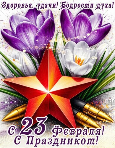 Поздравительная открытка к 23 Февраля с красной звездой и цветами крокусов. Надпись: «С 23 Февраля! С Праздником!» — идеальное поздравление для мужчин. Открытка День защитника отечества Красочная поздравительная открытка к 23 Февраля. Композиция включает яркую красную пятиконечную звезду на фоне нежных фиолетовых и белых цветов крокусов. В нижней части расположена надпись на русском языке: «С 23 Февраля! С Праздником!»