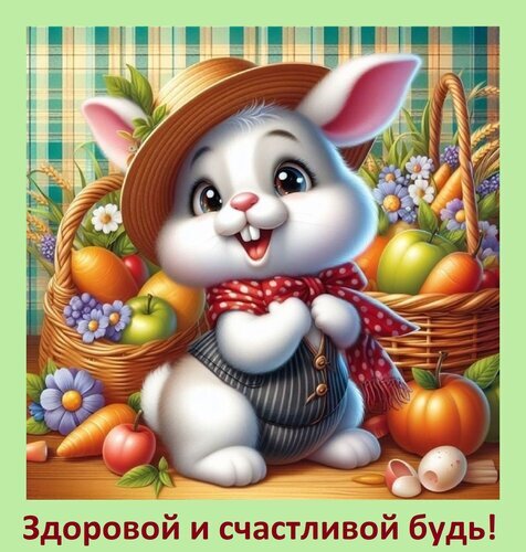 Милый белый кролик в шляпе с корзиной фруктов и надписью «Здоровой и счастливой будь!». Яркая иллюстрация для поздравительной открытки и пожеланий. Открытка Здоровой и счастливой будь! Милая и яркая иллюстрация с изображением очаровательного белого кролика в соломенной шляпе и полосатых комбинезонах. Кролик сидит рядом с корзиной, наполненной спелыми фруктами, овощами и цветами. На картинке изображены яблоки, морковь, персики и нежные цветы на фоне клетчатого узора. В нижней части изображения расположена поздравительная надпись на русском языке: 
