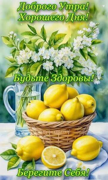 Пожелание доброго утра и здоровья: яркая открытка с сочными лимонами и цветущим жасмином. Позитивное изображение для отправки близким и друзьям. Открытка Доброе утро! Красивая открытка с пожеланиями доброго утра и крепкого здоровья. На изображении натюрморт из спелых желтых лимонов в плетеной корзине и букет цветущего жасмина в вазе. Яркие, солнечные цвета и свежая зелень создают позитивное настроение. Картинка содержит надписи на русском языке: «Доброго утра! Хорошего дня! Будьте здоровы! Берегите себя!»