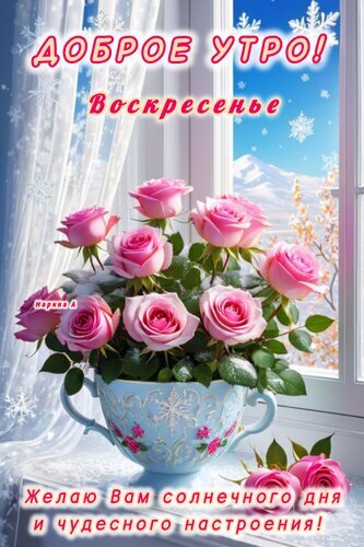 Открытка «Доброе утро! Воскресенье» с букетом розовых роз в чашке на фоне зимнего пейзажа и гор. Пожелание солнечного дня и чудесного настроения. Открытка Доброе утро! Воскресенье. Желаю вам солнечного дня и чудесного настроения! Красивая открытка с пожеланием доброго утра в воскресенье. На изображении представлен пышный букет нежно-розовых роз, стоящих в изящной голубой чашке с цветочным узором. Фон представляет собой вид из окна на заснеженные горы под ясным голубым небом, украшенным летящими снежинками. Текст на русском языке гласит: 