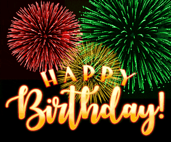 Праздничная открытка Happy Birthday! с яркими разноцветными фейерверками на черном фоне. Идеально для поздравлений с днем рождения в соцсетях и мессенджерах. Анимированная открытка С днем рождения Яркое и праздничное поздравительное изображение с надписью Happy Birthday!, выполненной золотистым каллиграфическим шрифтом. На фоне черного неба эффектно расцветают разноцветные фейерверки: крупный красный, насыщенный зеленый и золотисто-желтый салют. Картинка идеально подходит для создания праздничного настроения, использования в качестве цифровой открытки, оформления постов в социальных сетях или поздравлений с днем рождения в мессенджерах