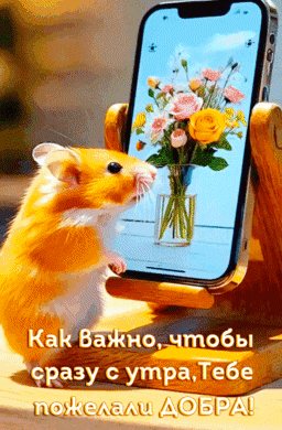 Милый хомяк и букет цветов на смартфоне. Картинка-пожелание «С добрым утром!» для поднятия настроения и отправки близким в мессенджерах и соцсетях. Анимированная открытка Как важно, чтобы с утра тебе пожелали добра! Милое и позитивное изображение с рыжим хомячком, который «смотрит» на букет нежных розовых и желтых цветов на экране смартфона. Картинка наполнена утренним теплом и доброй энергией. Текст на русском языке гласит: «Как важно, чтобы сразу с утра, тебе пожелали ДОБРА!». Идеально подходит для рассылки добрых пожеланий в мессенджерах (WhatsApp, Telegram), сторис в соцсетях или в качестве открытки для поднятия настроения близким людям с самого утра