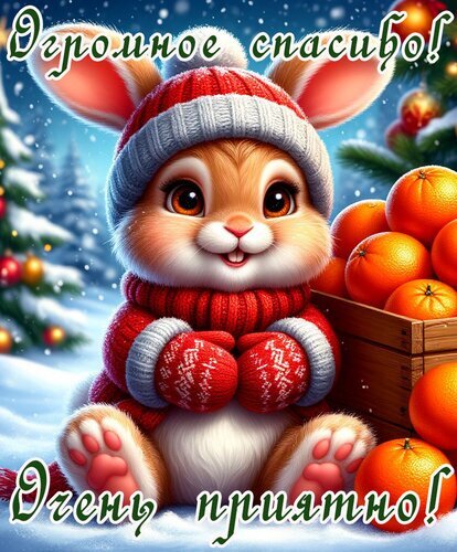 Милый пушистый кролик в зимней одежде со словами «Огромное спасибо!» и «Очень приятно!». Идеальная поздравительная открытка для выражения благодарности. Открытка Спасибо Милая и уютная цифровая иллюстрация с изображением очаровательного пушистого кролика в зимней одежде. Маленький зверек одет в красный вязаный свитер, теплый шарф и шапку с помпоном. Кролик сидит на снегу на фоне зимнего леса и ящика со спелыми апельсинами. На картинке присутствуют поздравительные надписи на русском языке: «Огромное спасибо!» и «Очень приятно!»