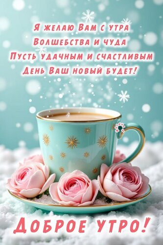 Красивая открытка «Доброе утро!» с чашкой кофе, розовыми розами и пожеланием волшебства. Идеальное утреннее поздравление для близких и друзей. Открытка Доброе утро! Я желаю Вам с утра волшебства и чуда. Пусть удачным и счастливым день ваш новый будет! Красивая поздравительная открытка на доброе утро. На изображении представлена изящная бирюзовая чашка с кофе или чаем, украшенная золотистыми звездами, стоящая на блюдце среди нежных розовых роз. Фон нежно-голубой с эффектом падающего снега или мерцающих искр, создающий атмосферу волшебства. Вверху расположена добрая надпись на русском языке: Я желаю Вам с утра волшебства и чуда, Пусть удачным и счастливым День Ваш новый будет!. Внизу крупными буквами написано: ДОБРОЕ УТРО!