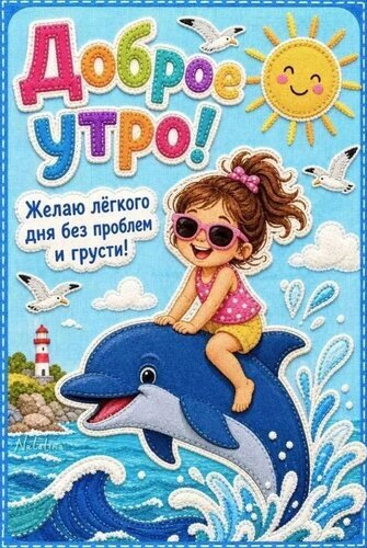 Доброе утро! Яркая открытка с девочкой на дельфине и пожеланием легкого дня без проблем. Позитивная картинка для настроения в мессенджерах. Открытка Доброе утро Яркая и позитивная открытка с надписью «Доброе утро!». На иллюстрации изображена веселая девочка в розовых солнечных очках, которая едет верхом на синем дельфине, прыгающем сквозь морские волны. Фон украшен улыбающимся солнцем, белоснежными облаками и летящими чайками. В центре расположено пожелание на русском языке: «Желаю легкого дня без проблем и грусти!». Картинка выполнена в стиле аппликации из ткани с выраженной текстурой, что создает эффект объемного милого рисунка
