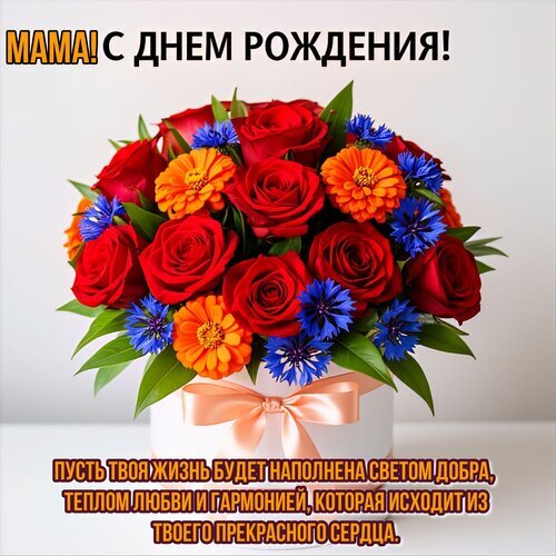 Открытка «С днем рождения, мама!» с роскошным букетом красных роз и гербер в коробке. Трогательное поздравление с теплыми пожеланиями добра и любви. Открытка Мама! С днем рождения! Красивая поздравительная открытка к дню рождения мамы. На изображении представлен роскошный пышный букет из ярко-красных роз, оранжевых гербер и синих васильков, оформленный в элегантной белой подарочной коробке с атласным бантом. На картинке начертан теплый текст на русском языке: «МАМА! С ДНЕМ РОЖДЕНИЯ!» и трогательное пожелание: «Пусть твоя жизнь будет наполнена светом добра, теплом любви и гармонией, которая исходит из твоего прекрасного сердца»