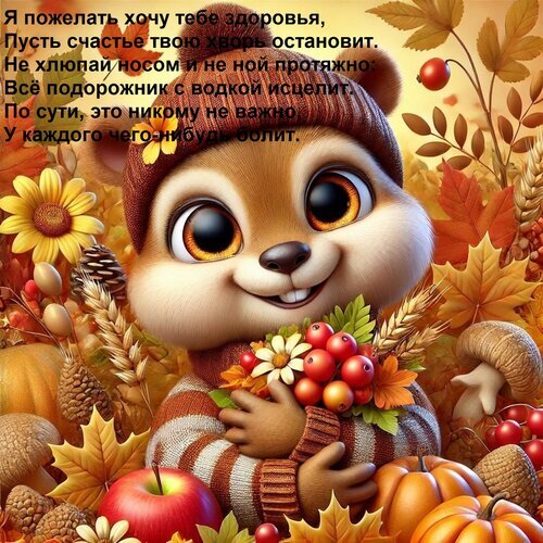 Душевная осенняя открытка с милым бельчонком и пожеланием здоровья. Красивая картинка с тыквами, ягодами и листьями для поздравлений в соцсетях. Открытка Я пожелать хочу тебе здоровья, Пусть счастье твою хворь остановит. Не хлюпай носом и не ной протяжно Милая и душевная открытка с изображением мультяшного бельчонка в осеннем антураже. На картинке изображен симпатичный зверек в вязаной шапочке, окруженный осенними атрибутами: тыквами, грибами, красными ягодами, осенними листьями и подсолнухами. На изображении наложен текст на русском языке с добрым пожеланием здоровья и счастья. Идеально подходит для поздравлений, отправки в мессенджерах (WhatsApp, Viber) и социальных сетях в качестве осеннего приветствия или пожелания доброго дня