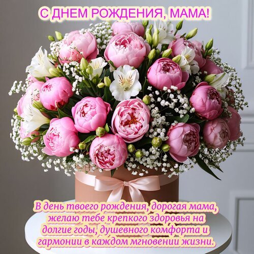 Поздравительная открытка «С днем рождения, мама!» с роскошным букетом розовых пионов и лилий. Красивое пожелание здоровья и гармонии для любимой мамы. Открытка С днем рождения, мама! Красивая поздравительная открытка к дню рождения мамы. На изображении представлен роскошный пышный букет розовых пионов и белых лилий в декоративной коробке, дополненный нежной гипсофилой. На картинке нанесен праздничный текст на русском языке: сверху «С ДНЕМ РОЖДЕНИЯ, МАМА!», а снизу душевное пожелание здоровья, душевного комфорта и гармонии