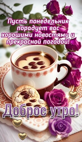Доброе утро! Красивая открытка с кофе, печеньем и розами. Пожелание хороших новостей и отличной погоды на понедельник для настроения и позитива. Открытка Пусть понедельник порадует вас хорошими новостями прекрасной погодой! Красивая открытка для пожелания доброго утра в понедельник. На изображении представлена чашка ароматного кофе с шоколадными каплями, аппетитное печенье и нежные розовые розы. Текст на русском языке гласит: «Пусть понедельник порадует вас хорошими новостями и прекрасной погодой! Доброе утро!»
