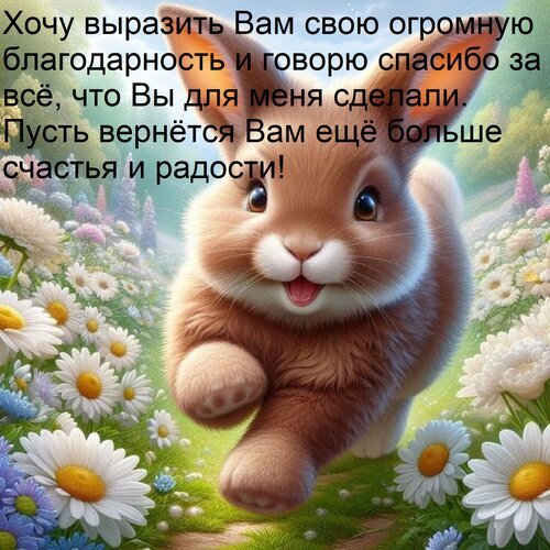 Милая открытка с кроликом и цветами. Текст: «Хочу выразить Вам свою огромную благодарность...». Идеально для отправки слов спасибо близким и друзьям! Открытка Хочу выразить Вам свою огромную благодарность и говорю спасибо за все, что Вы для меня сделали. Пу Милая открытка с изображением пушистого коричневого кролика в окружении весенних ромашек. На картинке размещен трогательный текст на русском языке: «Хочу выразить Вам свою огромную благодарность и говорю спасибо за все, что Вы для меня сделали. Пусть вернется Вам еще больше счастья и радости!». Идеально подходит для отправки в мессенджерах и социальных сетях в качестве поздравительной открытки с благодарностью близким, друзьям или коллегам