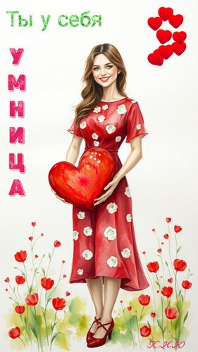 Поздравительная открытка с надписью «Ты у себя умница». Красивая девушка в красном платье с сердцем и цветами. Мотивационная картинка для женщин. Открытка Ты у себя умница. Иллюстрация в поздравительном стиле, изображающая улыбающуюся молодую женщину в красном платье в белый горошек. Девушка держит в руках большое красное сердце, а в верхней части изображения расположен текст на русском языке «Ты у себя умница». Фон украшен нежными красными цветами и парящими сердечками