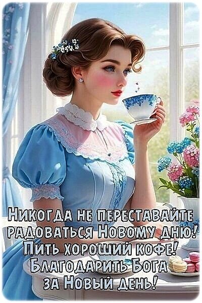 Вдохновляющая картинка с девушкой в винтажном стиле, чашкой кофе и цитатой о радости нового дня и благодарности. Эстетика, уют и позитив для соцсетей. Открытка Доброе утро! Эстетичное цифровое изображение молодой женщины в винтажном стиле, напоминающем эпоху романтизма. Девушка с аккуратной прической, украшенной цветами, одета в изысканное голубое платье с кружевным воротником. Она изящно держит чашку кофе, глядя в окно на светлый пейзаж. На картинке присутствует вдохновляющая цитата на русском языке о радости каждого нового дня, любви к хорошему кофе и благодарности Богу