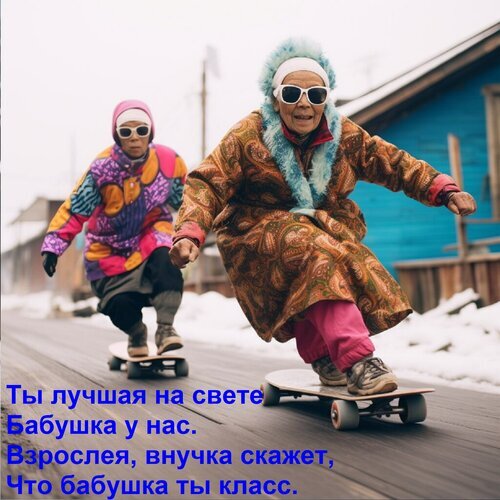 Две энергичные бабушки весело катаются на скейтбордах по снегу. Забавное и вдохновляющее фото с трогательной надписью о том, что бабушка — это класс! Открытка Ты лучшая на свете Бабушка у нас. Взрослея, внучка скажет, Что бабушка ты класс. На фотографии запечатлены две пожилые женщины в яркой зимней одежде, которые весело катаются на скейтбордах по заснеженной деревянной набережной или улице. На переднем плане бабушка в коричневой куртке с узорами и белых солнечных очках уверенно скользит на скейте. На заднем плане вторая женщина в разноцветной куртке следует за ней. Изображение наполнено энергией, юмором и духом свободы, демонстрируя, что возраст — это лишь цифра. Текст на русском языке гласит: Ты лучшая на свете. Бабушка у нас