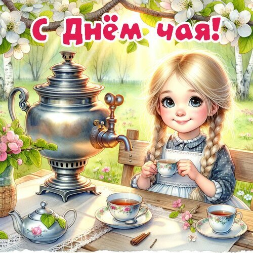 Уютная иллюстрация к Дню чая: милая девочка с самоваром и чашками чая на фоне цветущего сада. Идеальная картинка для поздравления и праздничного настроения. Открытка День чая Красочная и уютная иллюстрация к Международному дню чая. На картинке изображена милая маленькая девочка с косичками, которая с удовольствием пьет чай на террасе. На деревянном столе накрыт нарядный стол с классическим серебряным самоваром, изящными фарфоровыми чашками с цветочными узорами и ароматным чаем. Вокруг царит атмосфера солнечного весеннего дня: цветущие деревья, мягкий свет и нежные розовые цветы
