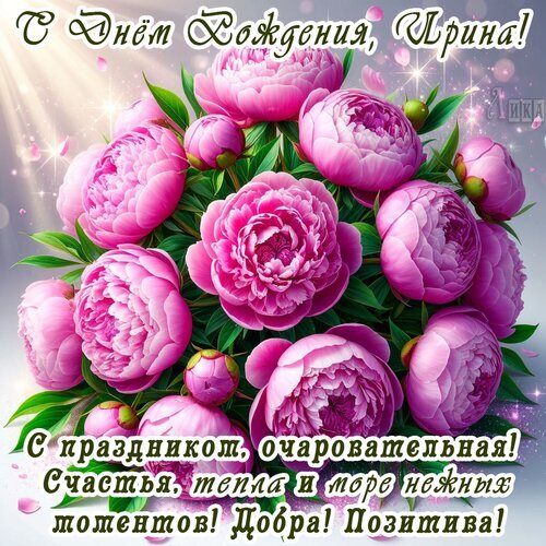 Красивая открытка с розовыми пионами: «С Днем Рождения, Ирина!». Теплые пожелания счастья, добра и позитива на фоне пышного цветочного букета. Открытка С днем рождения, Ирина! Красивая поздравительная открытка к дню рождения для Ирины. На изображении представлен пышный и яркий букет нежно-розовых пионов с зелеными листьями. В верхней части картинки расположена надпись «С Днем Рождения, Ирина!», а в нижней — теплое пожелание: «С праздником, очаровательная! Счастья, тепла и море нежных моментов! Добра! Позитива!»