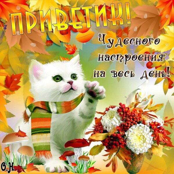 Милая осенняя открытка: белый котенок в шарфе, осенние листья и цветы. Надпись: «Приветик! Чудесного настроения на весь день!» для доброго пожелания. Открытка Приветик! Чудесного настроения на весь день! Осенняя поздравительная открытка с милым белым котенком в разноцветном шарфе. На изображении представлены яркие осенние листья, красные ягоды рябины, белые хризантемы и маленькие грибы. Крупная надпись на русском языке: «ПРИВЕТИК! Чудесного настроения на весь день!». Изображение выполнено в теплых осенних тонах, создавая уютную и позитивную атмосферу