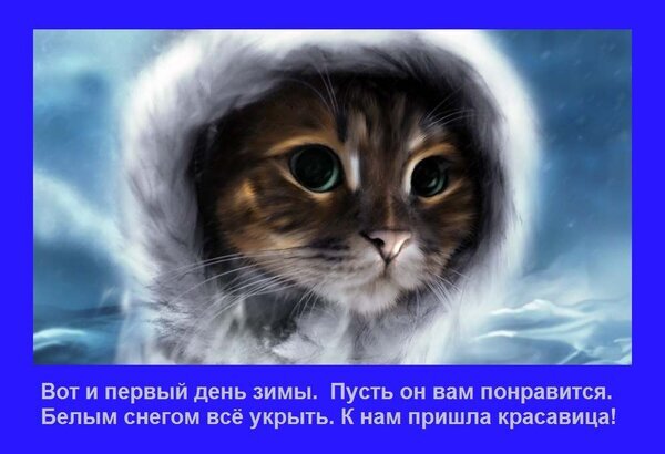 Милый котенок в зимней шапке на фоне снега. Красивая зимняя открытка с поздравлением с первым днем зимы. Уютная иллюстрация для соцсетей. Открытка Вот и первый день зимы. Пусть он вам понравится. Белым снегом все укрыть К нам пришла красавица! Художественное цифровое изображение милого котенка в белой пушистой шапке с меховой оторочкой на фоне зимнего пейзажа. Крупный план мордочки котенка с выразительными глазами передает атмосферу уюта и нежности первого дня зимы. На изображении присутствует надпись на русском языке: 