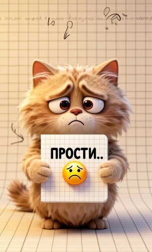 Грустный рыжий котенок с надписью «ПРОСТИ..» на карточке. Милая картинка-извинение для открыток и соцсетей. Трогательный 3D арт. Открытка Прости Милое и трогательное 3D-изображение грустного пушистого котенка рыжего цвета. Котенок с большими печальными глазами держит в лапках белую карточку с надписью «ПРОСТИ..» и грустным смайликом. Фон представляет собой стилизованную тетрадную клетку. Идеально подходит для выражения чувств, извинений, создания открыток с извинениями и передачи эмоционального состояния в социальных сетях