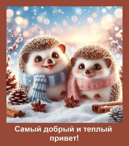 Милые ежики в шарфах на фоне зимнего праздника. Уютная иллюстрация с надписью Самый добрый и теплый привет! для зимних поздравлений и открыток. Открытка Самый добрый и теплый привет! + Милая и уютная цифровая иллюстрация с двумя очаровательными ежиками в зимней обстановке. Два пушистых ежа в вязаных шарфах (синем и розовом) сидят на заснеженной поверхности среди сосновых шишек и палочек корицы. На заднем плане — мягкое боке из золотистых огней и зимний пейзаж, создающий атмосферу праздника и тепла. В нижней части изображения расположена надпись на русском языке: Самый добрый и теплый привет!