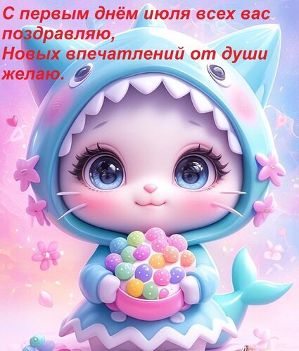 Поздравление с 1 июля: милая акула с леденцами. Яркая открытка с пожеланиями новых впечатлений. Идеально для соцсетей и мессенджеров. Открытка С первым днем июля всех вас поздравляю, Новых впечатлений от души желаю. Милая 3D-иллюстрация с очаровательным персонажем в костюме акулы, который держит чашу с разноцветными леденцами. Картинка украшена нежными цветами и надписью на русском языке: «С первым днем июля всех вас поздравляю, Новых впечатлений от души желаю». Идеально подходит для поздравительных открыток, постов в социальных сетях (Instagram, VK) и рассылки теплых пожеланий в июле