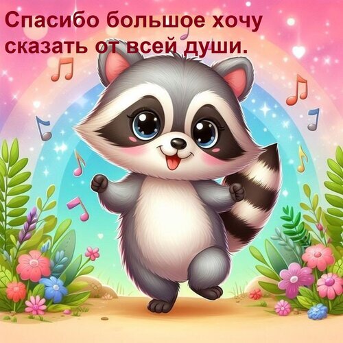 Милая открытка с енотом и радугой для выражения искренней благодарности. Надпись: «Спасибо большое хочу сказать от всей души». Идеально для мессенджеров. Открытка Спасибо большое хочу сказать от всей души. Милая и добрая поздравительная открытка с изображением очаровательного мультяшного енота. Маленький пушистый енотик стоит в окружении ярких цветов и музыкальных нот на фоне радуги и розового неба. На картинке расположена надпись на русском языке: 