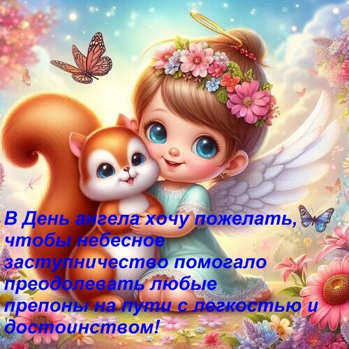 Красивая открытка на День ангела: милая девочка-ангел и бельчонок среди цветов. Душевное поздравление с пожеланием небесного заступничества. Открытка В День ангела хочу пожелать, чтобы небесное заступничество помогало преодолевать любые препоны на Милая поздравительная открытка к Дню ангела в стиле 3D-анимации. На картинке изображена очаровательная маленькая девочка-ангел с крыльями и цветами в волосах, которая обнимает пушистого рыжего бельчонка. Фон украшен нежными цветами, бабочками и волшебным сиянием. На изображении нанесен поздравительный текст на русском языке: 
