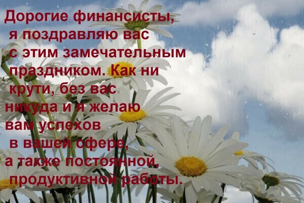 Поздравление для финансистов: белые ромашки на фоне неба и пожелания успехов в работе и продуктивности. Красивая праздничная открытка для коллег. Открытка Дорогие финансисты, я поздравляю вас с этим замечательным праздником. Как ни крути, без вас никуда... Поздравительная открытка для финансистов с текстом на фоне белых ромашек и голубого неба. На изображении размещено теплое пожелание профессиональных успехов, продуктивной работы и процветания в сфере офферной деятельности