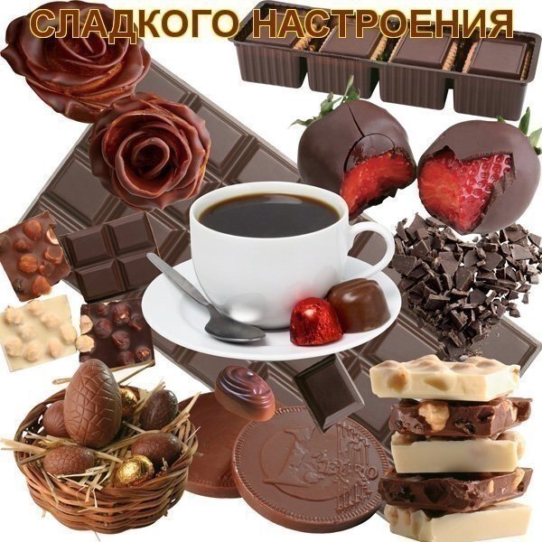 Аппетитный коллаж с шоколадными десертами: клубника в шоколаде, розы из шоколада, конфеты и чашка кофе. Идеально для сладкого настроения и рекламы шоколада. Открытка Сладкого настроения Коллаж с аппетитными десертами: темный и молочный шоколад, шоколадные розы, клубника в шоколаде, чашка крепкого кофе, шоколадные яйца в корзинке и разнообразные шоколадные плитки и конфеты