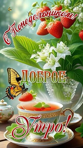 Поздравительная открытка «С понедельником! Доброе утро!» с чашкой чая, клубникой, цветами и бабочками. Яркое пожелание хорошего начала недели. Открытка С понедельником. Доброе утро Красочная поздравительная открытка к понедельнику. На изображении изображен чашка ароматного чая с клубникой и мятой, букет белых цветов и спелых красных ягод клубники в вазе. На фоне порхают бабочки, создавая весеннее и бодрое настроение