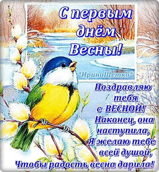 Красивая открытка с птицей и пожеланиями на первый день весны. Праздничное поздравление с наступлением весны для близких и друзей. Открытка 1-ый день весны Открытка с поздравлением с первым днем весны. На изображении крупным планом изображена красивая певчая птица на ветке с пушистыми почками на фоне весеннего пейзажа с рекой и нежностью пробуждающейся природы. На картинке расположен праздничный текст на русском языке: «С первым днем Весны! Поздравляю тебя с ВЕСНОЙ! Наконец, она наступила! Я желаю тебе всей душой, чтобы радость весна дарила!»