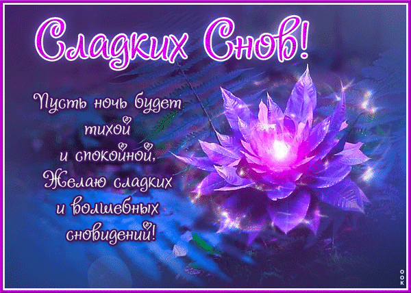 Открытка «Сладких снов!»: волшебный светящийся цветок и добрые пожелания спокойной ночи и чудесных сновидений. Красивое пожелание на ночь. Анимированная открытка Сладких Слов! Пусть ночь будет тихой и спокойной. Желаю сладких и волшебных сновидений! Красивая поздравительная открытка с пожеланием сладких снов. На изображении представлена светящаяся фиолетовая лотосовидная цветок в ночных сумерках, окруженный магическим сиянием и мягким светом. На картинке на русском языке написан текст: «Сладких Снов! Пусть ночь будет тихой и спокойной, Желаю сладких и волшебных сновидений!»