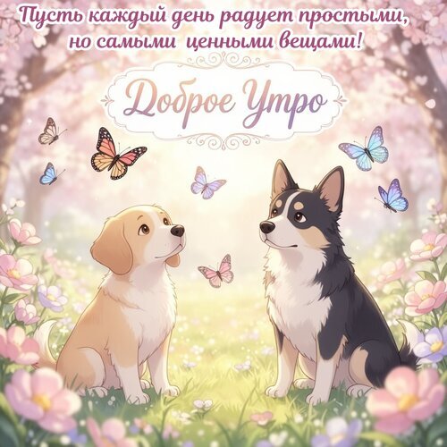 Милая открытка «Доброе утро» с щенками, бабочками и цветами. Вдохновляющее пожелание радости в каждом дне. Идеально для отправки близким! Открытка Доброе утро Милая и теплая открытка на тему «Доброе утро» с изображением двух очаровательных щенков в цветущем саду. На картинке запечатлены золотистый ретривер и черно-белая собака, сидящие среди нежных цветов и порхающих разноцветных бабочек. В верхней части расположена вдохновляющая надпись на русском языке: «Пусть каждый день радует простыми, но самыми ценными вещами! Доброе утро». Иллюстрация выполнена в мягких пастельных тонах, создавая атмосферу уюта, радости и весеннего тепла