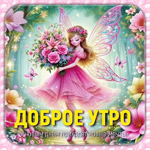 Сказочная открытка «Доброе утро» с милой феей и цветами. Надпись: «С новым днем приходят новые мечты». Идеально для доброго пожелания! Анимированная открытка Доброе утро! Красивая и волшебная открытка «Доброе утро» с изображением очаровательной маленькой феи в розовом платье. Фея держит пышный букет розовых цветов и окружена сказочными цветами и бабочками. На картинке размещен вдохновляющий текст на русском языке: «Доброе утро, с новым днем приходят новые мечты». Идеальное изображение для создания позитивного настроения, отправки в мессенджеры и социальных сетей, чтобы пожелать прекрасного начала дня друзьям и близким