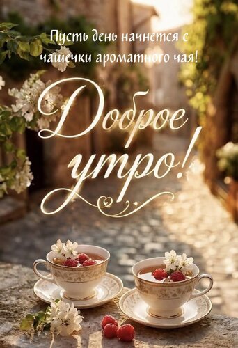 Красивая открытка «Доброе утро!» с чашкой ароматного чая, малиной и цветами на фоне солнечной улочки. Идеальное пожелание доброго утра для близких. Открытка Пусть день начнется с чашечки ароматного чая! Уютная и эстетичная открытка для пожелания доброго утра. На изображении представлены две изысканные чашки ароматного чая с малиной, стоящие на каменном столе на фоне залитой солнцем старинной европейской улочки. Нежные белые цветы и мягкое утреннее освещение создают атмосферу тепла, спокойствия и вдохновения