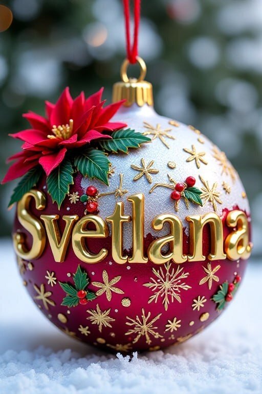 Персонализированный новогодний шар «Svetlana» с золотыми снежинками и пуансеттией. Изящный рождественский декор для елки и праздничного подарка. Открытка Шар для Светланы Красивый праздничный новогодний шар для украшения елки с персонализированной надписью «Svetlana». Декор выполнен в насыщенных бордовых и золотых тонах, украшен объемными элементами: красной цветовком пуансеттии, золотыми снежинками и веточками остролиста. Элегантный рождественский орнамент, который станет идеальным памятным подарком или стильным дополнением к праздничному интерьеру