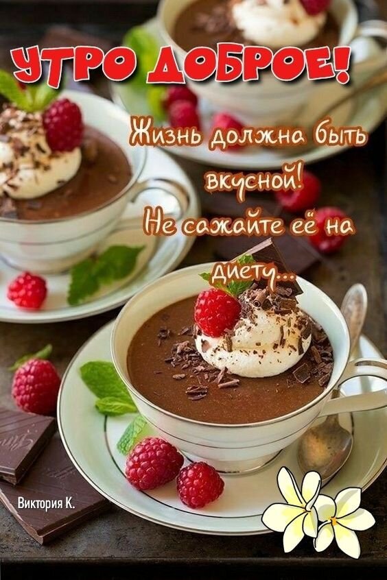 Доброе утро! Вкусный шоколадный десерт с малиной и надпись «Жизнь должна быть вкусной! Не сажайте ее на диету...». Вдохновляющая картинка для настроения. Открытка Утро доброе! Не сажайте жизнь на диету... Аппетитное изображение для доброго утра: чашки с густым шоколадным муссом или пудингом, украшенные воздушным кремом, свежими малинами и тертым шоколадом. На картинке надпись на русском языке: «УТРО ДОБРОЕ! Жизнь должна быть вкусной! Не сажайте ее на диету...». Композиция выполнена в уютном стиле с добавлением мяты и кусочков шоколада, создавая вдохновляющее и сладкое настроение для начала дня
