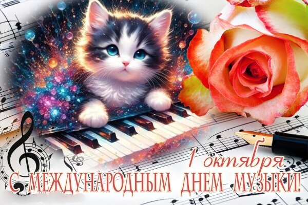 Праздничная открытка к Международному дню музыки (1 октября): милый котенок на пианино, нежная роза и музыкальные ноты. Сказочная и добрая иллюстрация. Открытка С международным днем музыки Красочная праздничная открытка к Международному дню музыки. На изображении запечатлен очаровательный пушистый котенок с голубыми глазами, сидящий на клавишах пианино. Композицию дополняют нежная роза розово-оранжевого оттенка, музыкальные ноты, нотный стан и стилизованная чернильная ручка. Фон украшен волшебными искрами и пузырьками, создавая сказочную атмосферу. В нижней части расположена поздравительная надпись на русском языке: «1 октября