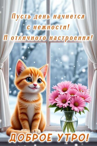 Милая открытка «Доброе утро!» с рыжим котенком и розовыми цветами. Пожелание нежности и отличного настроения на фоне зимнего окна. Открытка Доброе утро! Пусть день начнется с нежности! И отличного настроения! Милая поздравительная открытка на доброе утро. На изображении запечатлен очаровательный рыжий котенок с большими глазами, сидящий на подоконнике рядом с букетом нежных розовых гербер в вазе. За окном виден зимний пейзаж с мягким снегопадом. На картинке расположены вдохновляющие надписи на русском языке: «Пусть день начнется с нежности! И отличного настроения!» и крупная надпись внизу «ДОБРОЕ УТРО!»