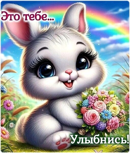 Милый белый кролик с букетом цветов и радугой. Надписи: «Это тебе...» и «Улыбнись!». Красивая открытка для поднятия настроения и добрых пожеланий. Открытка Это тебе! Милая и очаровательная цифровая иллюстрация с изображением пушистого белого кролика с огромными выразительными глазами и длинными ресницами. Кролик держит в лапках пышный букет разноцветных цветов (розовых роз, голубых и желтых цветов) на фоне яркой радуги и голубого неба. На картинке присутствует надпись на русском языке: «Это тебе...» сверху и «Улыбнись!» снизу Милый белый кролик с букетом цветов и радугой. Надписи: «Это тебе...» и «Улыбнись!». Красивая открытка для поднятия настроения и добрых пожеланий. Открытка Это тебе! Милая и очаровательная цифровая иллюстрация с изображением пушистого белого кролика с огромными выразительными глазами и длинными ресницами. Кролик держит в лапках пышный букет разноцветных цветов (розовых роз, голубых и желтых цветов) на фоне яркой радуги и голубого неба. На картинке присутствует надпись на русском языке: «Это тебе...» сверху и «Улыбнись!» снизу