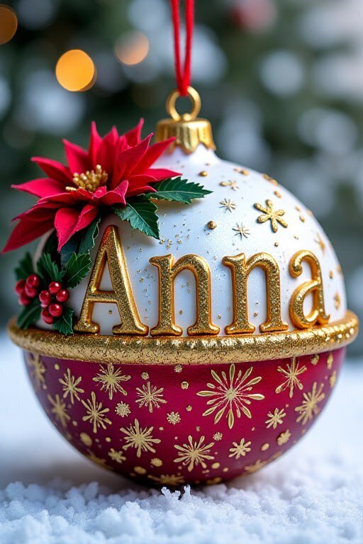 Персонализированный новогодний шар с именем Anna. Бело-красное украшение с золотыми звездами, пуансеттией и снежинками на фоне зимнего снега. Открытка Шар для Анны Праздничное новогоднее украшение в виде шара, выполненного в изысканном бело-красном стиле. Верхняя часть шара белая с золотистыми звездами и именем «Anna», написанным объемными золотыми буквами. Декор дополнен реалистичной красной веткой пуансеттии с зелеными листьями. Нижняя часть шара выполнена в насыщенном красном цвете с россыпью золотых снежинок. Украшение покоится на пушистом белом снегу, создавая атмосферу зимней сказки и уюта