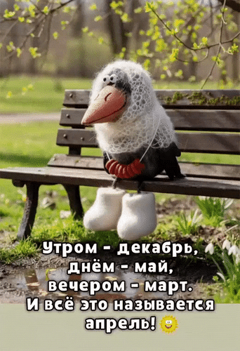 Смешная картинка про переменчивую погоду в апреле: «Утром — декабрь, днем — май, вечером — март». Юмористический мем про весну и капризы апреля. Анимированная открытка Утром - декабрь, днем - май, вечером - март. И все это называется апрель! Забавное изображение с плюшевой игрушкой птицы, сидящей на деревянной скамейке в парке. На картинке наложен юмористический текст на русском языке, описывающий переменчивую погоду в апреле: «Утром — декабрь, днем — май, вечером — март. И все это называется апрель!»