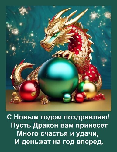 Праздничная открытка с золотым драконом и новогодними шарами. Поздравление с Новым годом: пожелания счастья, удачи и достатка в год Дракона. Открытка С Новым годом поздравляю! Пусть Дракон вам принесет Много счастья и удачи, И деньжат на год вперед. Красивая праздничная открытка к Новому году с золотым китайским драконом, обвивающим елочные шары. Изображение выполнено в насыщенных красных и золотых тонах с мерцающими искрами на бирюзовом фоне. На картинке расположена поздравительная надпись на русском языке: «С Новым годом поздравляю! Пусть Дракон вам принесет много счастья и удачи, И деньжат на год вперед»